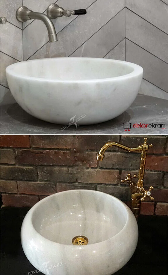 Beyaz yuvarlak çanak mermer lavabo örnekleri
